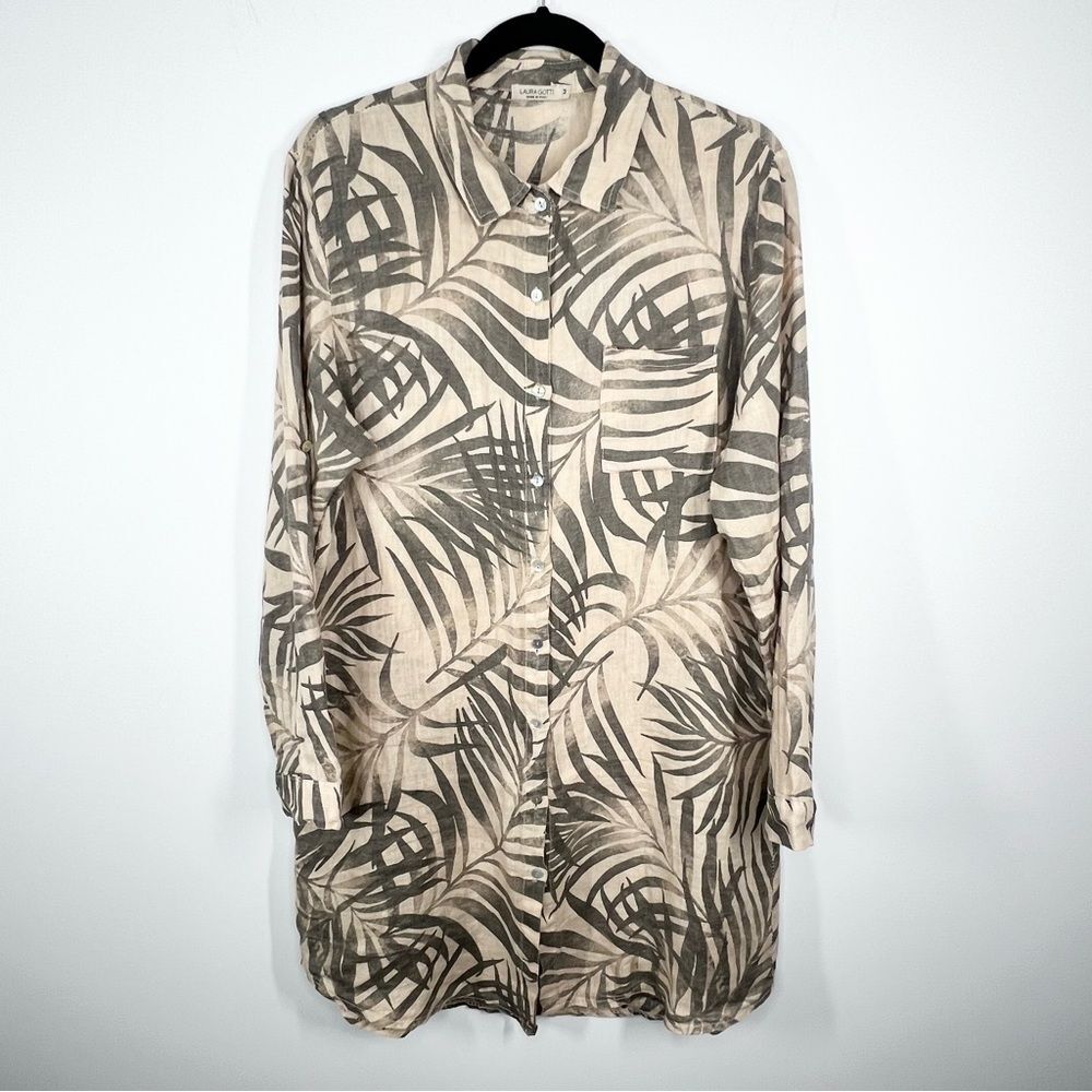 Laura Gotti Linen Shirt Dress Tropical Palm Print Roll Tab Sleeve Medium